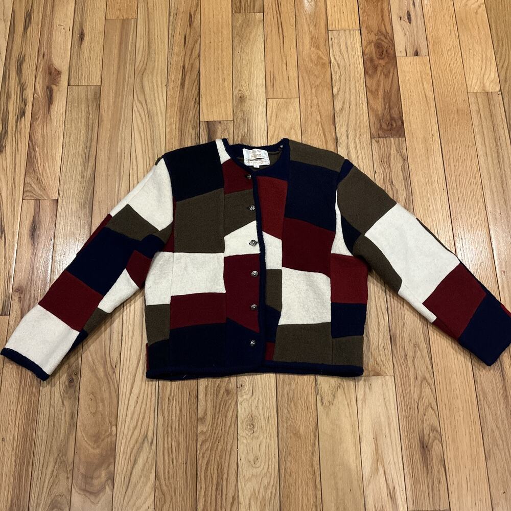 Vintage Tally Ho Cardigan Women Small Wool Chunky Sweater Navy Color Block